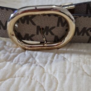 Michael Kors Beige/Brown MK Monogram Belt with Gold Buckle